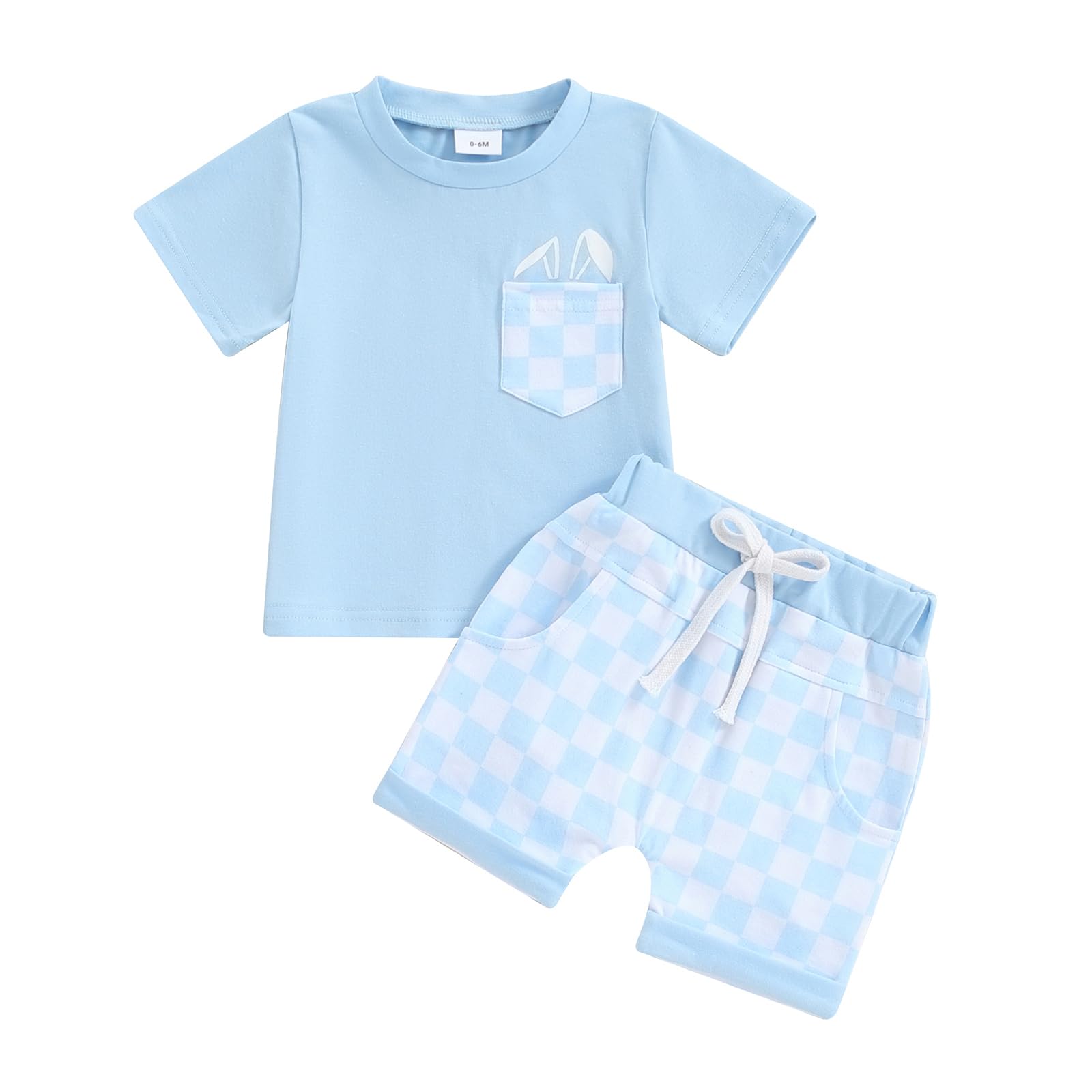 Baby Boy Summer Clothes Checkerboard Short Sleeve Shirt Plaid Shorts Trendy Boys Outfit Infant Toddler Clothing Set (Sky Blue 6-12 Months)